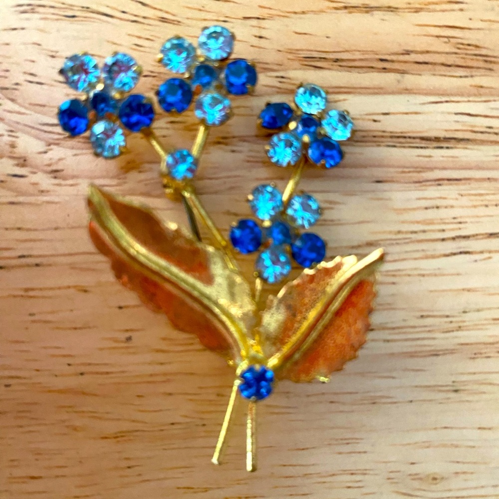Gold and Blue Floral Brooch